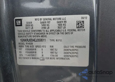 2012 Chevrolet Traverse 2Lt z USA, uszkodzony, nr VIN 1GNKRJED4CJ350611